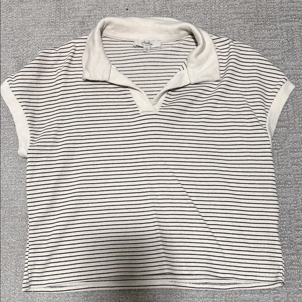 Anthro-style Cream and Black Striped Collared Knit Top